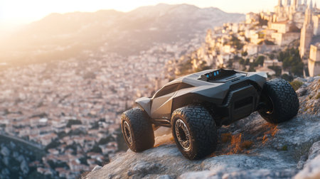 A remote-controlled car overlooks a stunning cityscape during sunset from a rocky hillsideの素材