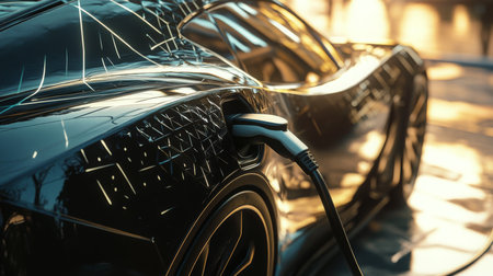 Electric vehicle charging during sunset in modern urban setting with sleek design elementsの素材