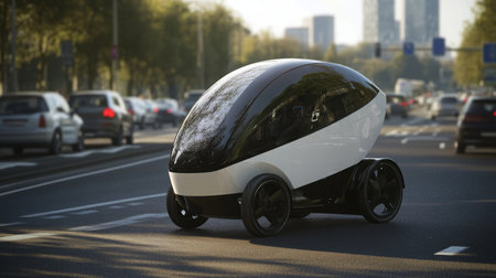 A small, futuristic car drives on a city streetの素材