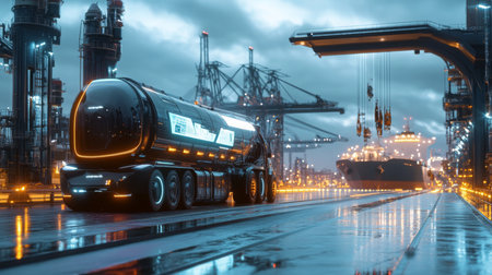 Futuristic transport vehicle at a high-tech shipping port during twilight hoursの素材