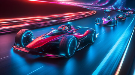 High-speed racing under neon lights at a futuristic circuit in the eveningの素材