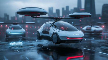 A futuristic flying car drives on a wet road in a cityの素材
