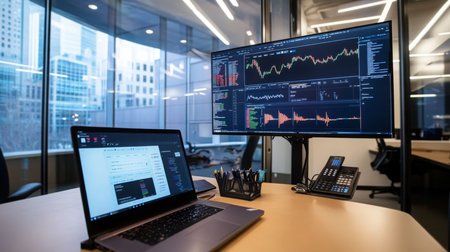 A workstation in a modern office with dual screens displaying financial data and analysisの素材