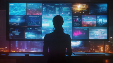 A person sits in front of a large monitor displaying various data streamsの素材