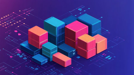 Vibrant 3D shipping containers on a sleek digital design backgroundの素材