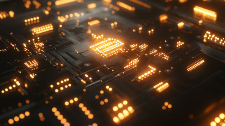 Close-up view of circuit board with glowing orange lights and intricate patterns at nightの素材