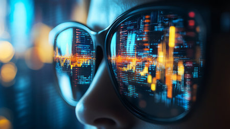 A persons sunglasses reflect a screen displaying code and dataの素材