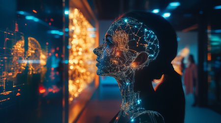 Exploring digital art and technology at an interactive exhibition in modern gallery spaceの素材