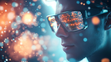 Young man wearing futuristic glasses with vibrant lights reflecting technology around himの素材