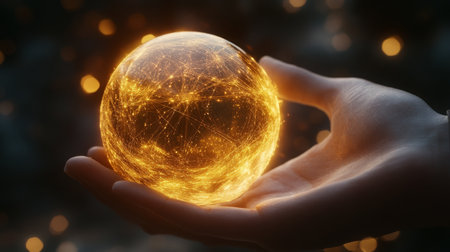 A glowing orb of light held in hand representing technology and interconnectedness at duskの素材