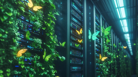 A server room with green vines and glowing butterfliesの素材