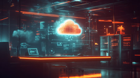 A glowing cloud icon illuminates a server room with futuristic technologyの素材