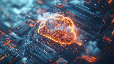 A glowing cloud icon on a digital circuit board represents the power of cloud computingの素材