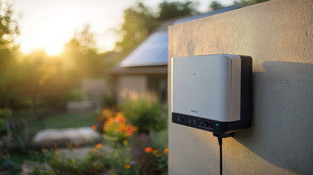 Modern solar power inverter mounted on a wall in a garden during sunset, enhancing energy efficiency in a sustainable home. Generative AIの素材