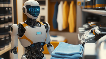Modern robot assisting with laundry in a stylish home setting during the dayの素材