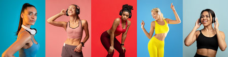 Five women enjoying music while exercising in colorful workout attireの写真素材