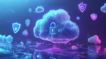 A digital cloud with a padlock symbolizes secure data storageの素材