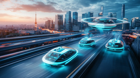 Futuristic autonomous vehicles on a busy highway in a vibrant cityscape at duskの素材