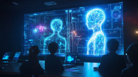 Students observe digital human models during a late-night technology classの素材