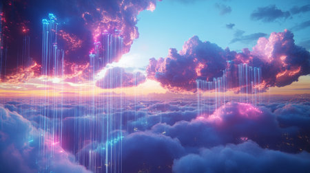 Colorful clouds with light streams over a vibrant sunset sky at duskの素材