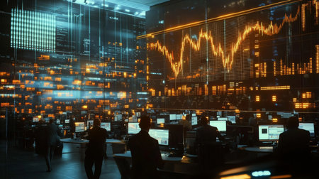 Nighttime trading room activity displays dynamic market dataの素材