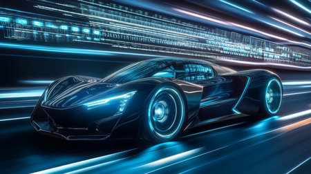 Futuristic electric sports car racing through a neon-lit cityscape at nightの素材