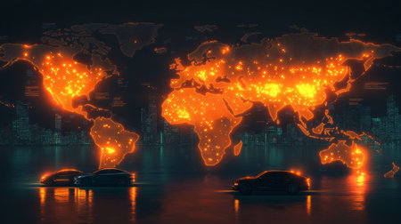 A glowing world map sits above a futuristic city and three carsの素材