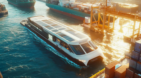 Solar-powered boat navigating through a busy harbor filled with cargo ships at sunsetの素材