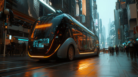 A futuristic bus drives through a city street on a rainy dayの素材