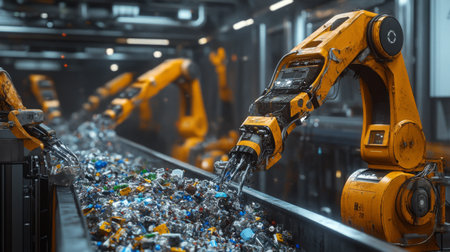 Robots sorting recyclable materials in a modern waste management facility at nightの素材