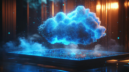 A glowing blue cloud floats above a futuristic digital platform in a dark environmentの素材
