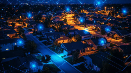 Nighttime aerial view reveals a suburban neighborhoods intricate network connectionsの素材