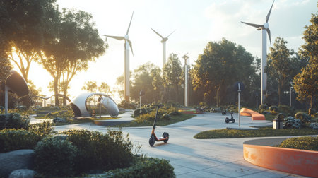 Urban park with electric scooters and wind turbines at sunset near modern playgroundの素材