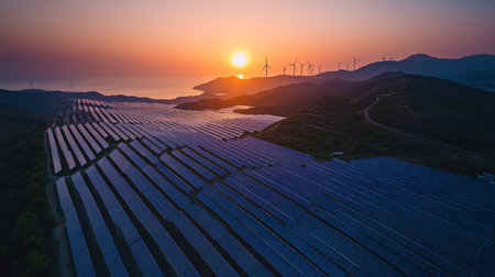 Aerial view of solar panels and wind turbines at sunset on a coastal hillside with beautiful colors in the sky. Generative AIの素材