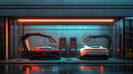 Robotic arms are charging two electric cars in a garageの素材