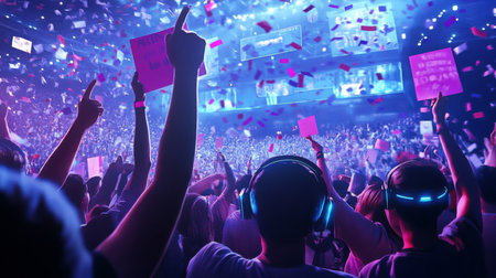 Exciting music concert with energetic crowd celebrating under colorful lights and confettiの素材