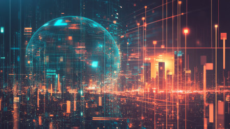 A vibrant digital landscape showcasing a futuristic city with glowing data streams at duskの素材
