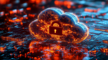A glowing cloud with a padlock sits on a circuit boardの素材