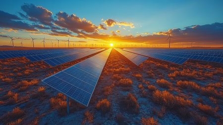Sunrise over a solar panel field with wind turbines in the background near a desert landscape highlighting renewable energy. Generative AIの素材