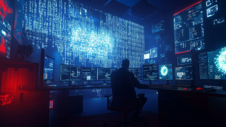 A programmer analyzing data in a high-tech control room with glowing screens at nightの素材