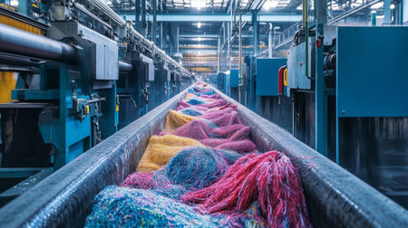 Colorful synthetic fibers being processed in a large industrial facility during daylightの素材