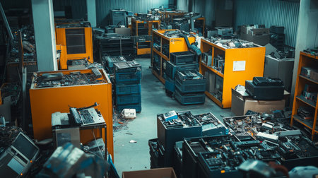 Abandoned electronics warehouse filled with outdated devices and scattered componentsの素材