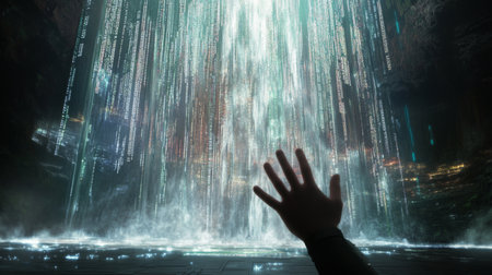 The hand reaching out to digital waterfall in futuristic and immersive environment at duskの素材