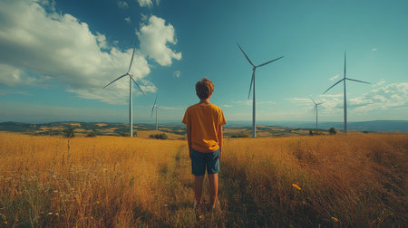 A young boy stands in a golden field surrounded by large wind turbines under a bright blue sky in the afternoon. Generative AIの素材