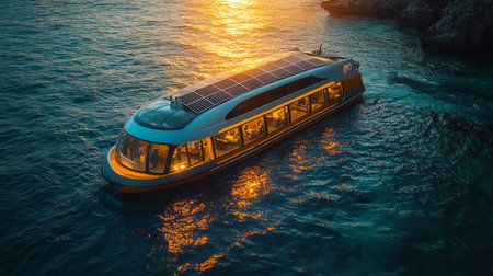 A modern solar-powered boat cruising on tranquil waters during a stunning sunset, showcasing sustainable design and coastal beauty. Generative AIの素材