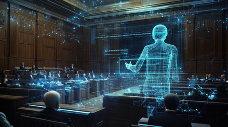 Futuristic courtroom with a digital hologram displaying evidence in a modern trialの素材
