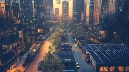 Aerial view of a modern urban landscape during sunset with sleek buildings and parked carsの素材