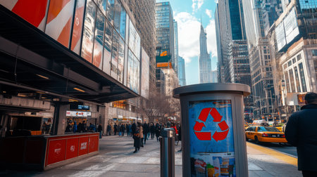 Busy New York City street with recycling station and iconic skyscrapers on a sunny dayの素材