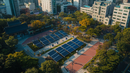 Solar panel installation in urban park surrounded by city buildings during daylight hoursの素材