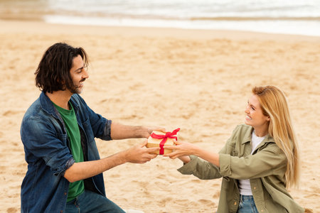 Couple exchanging a gift on a sandy beach during a sunny afternoonの写真素材
